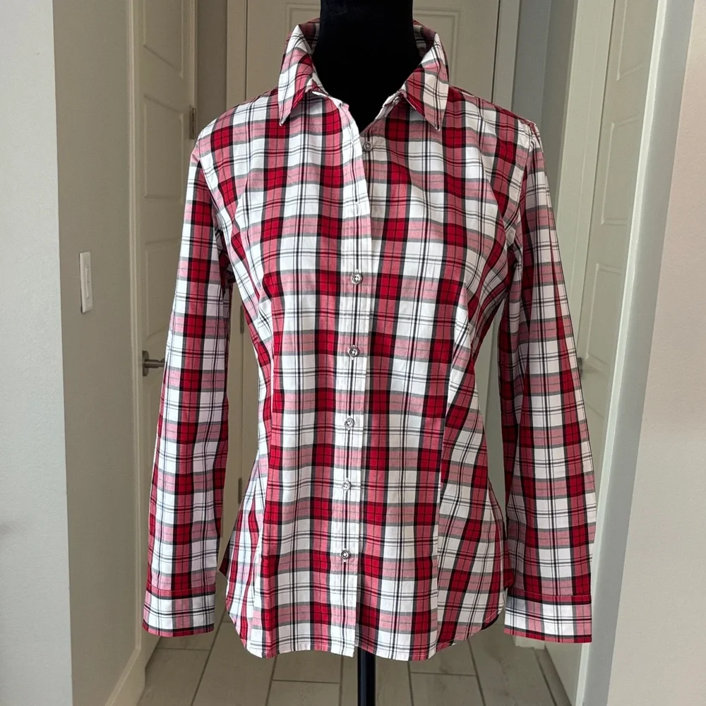 Talbots Red, White, Black Plaid Shirt Size 8P - Picture 5 of 13